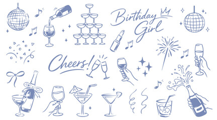 Birthday party celebration doodles set. Champagne, wine glasses, cocktails, disco ball and festive elements hand drawn illustration © Bohdan