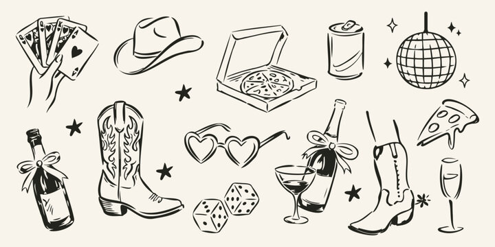 Western Bachelorette Party Doodle Set with Cowboy Boots, Cards, Drinks and Disco Ball