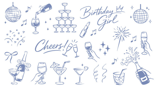 Birthday party celebration doodles set. Champagne, wine glasses, cocktails, disco ball and festive elements hand drawn illustration