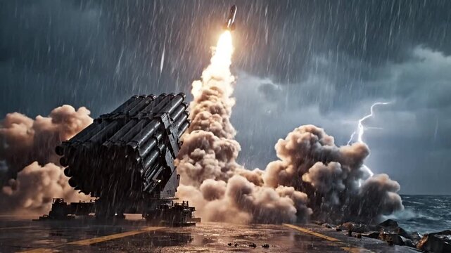 Golden Hour Wide Aerial of Coastal Missile Launch Toward Ocean Target