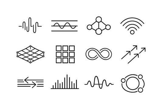 Line style vector icons of cloud computing application services: wave bar, resonance band, feedback node, signal arc, modulation