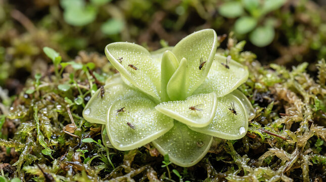 Butterwort pinguicula rosette with glossy sticky leaf surfaces