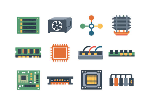 Flat vector icons of server internals: backplane slot, cooling shroud, sensor node (abstract), heatsink tower, RAM module, chip