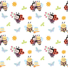 Obraz premium Seamless pattern with cute ladybugs and honey bees, butterflies and berries on white background