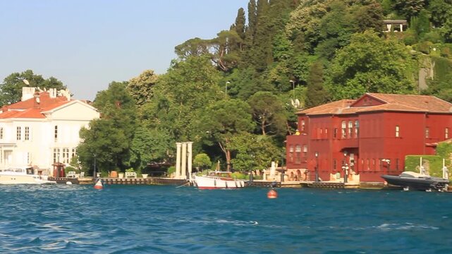 Seafront Mansions along Istanbul Bosphorus Sea. Cemile Sultan Grove and luxury pavilions