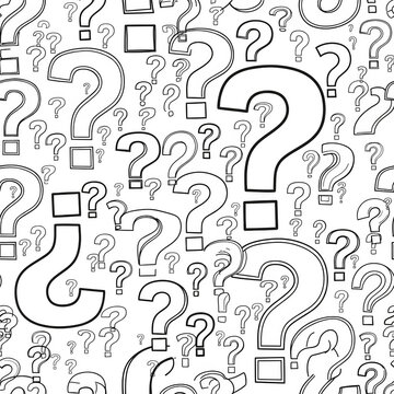 Mysterious question marks and symbols in a chaotic pattern design isolated on transparent background