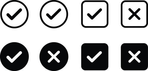Black and white checkmark and cross in circles and squares check mark tick mark © Aysha