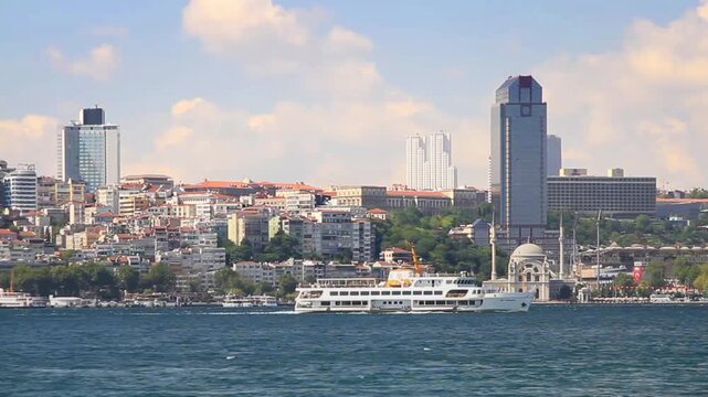 Valide Sultan Mosque and tall hotel buildings in the distance. Istanbul, Turkey. Besiktas region from the waterside
