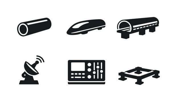 Solid vector icons of near-zero-pressure rail systems: vacuum tube shell, streamlined vehicle core, pressure-stabilized path;