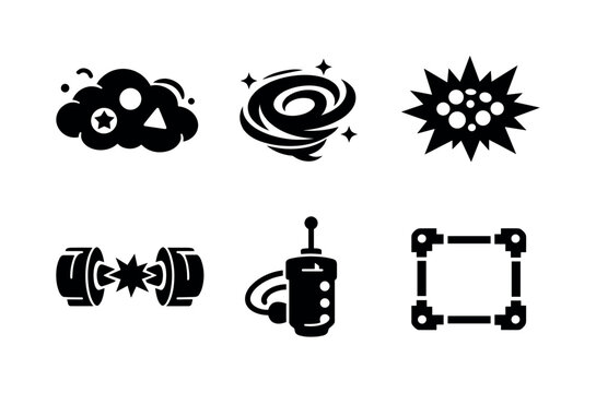 Solid vector icons of quark&ndash;gluon plasma states: deconfined quark cloud, gluon field swirl, ultra-hot matter zone; collision