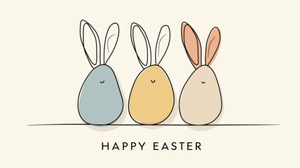 Obraz premium Easter eggs with bunny ears and Happy Easter text. Happy Easter greeting card. Pastel colored eggs with bunny ears and Happy Easter text, celebrating spring holiday