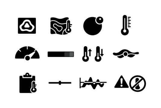 Solid vector icons of temperature tracking: heatmap, isotherm, degree, scale, gauge, gradient, range, average, record, baseline,
