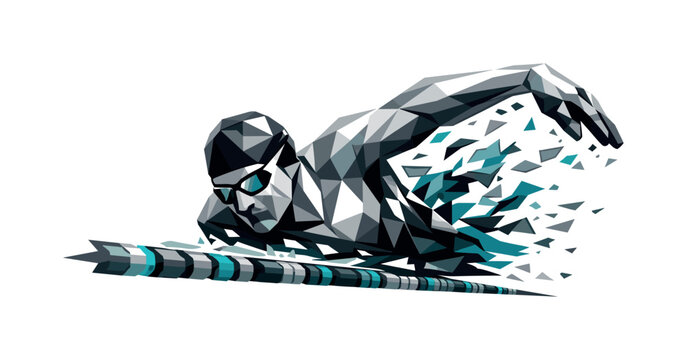 Low-poly vector illustration of a swimmer accelerating down the lane, faceted angular torso twisting with powerful arm pull,