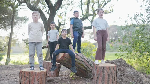 Serious children standing on tree stumps in a park