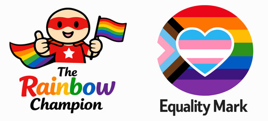 Fototapeta premium Rainbow Champion And Equality Mark With Inclusive Pride Flags And Heart Symbol In Bright Vector Illustration Celebrating Diversity Love And Equal Rights