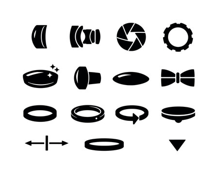Solid vector icons of optical lens components: glass element, lens group, aperture blade, diaphragm ring, optical coating,