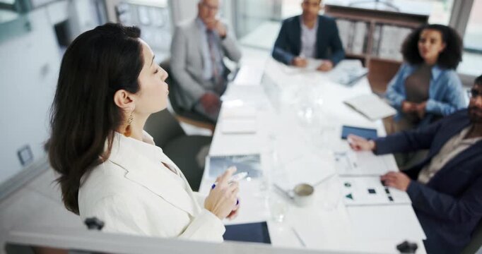 Presentation, boardroom and woman with group, talking and ai to analyze financial risk with data scientist. Speaker, pitching and ideas of automatic tasks, above and process of fraud detection