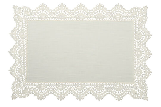 White cotton placemat with elaborate vintage lace border framing a plain textile area, transparent background