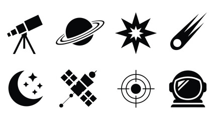Space exploration icons set black silhouette on white background, including telescope, planets, stars, comet, moon, satellites, atom, and astronaut helmet, perfect for astronomy © Oscar N. Erwin