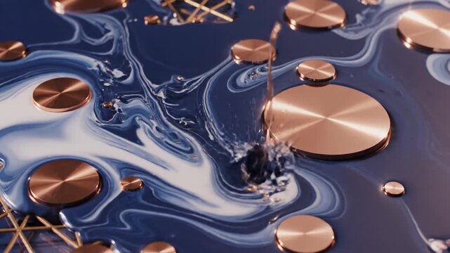 Copper coins splashing in water.