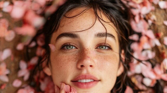 Young woman with freckles and green eyes surrounded by pink flower petals, lying on a natural surface, showcasing a serene and tranquil expression in a close-up portrait