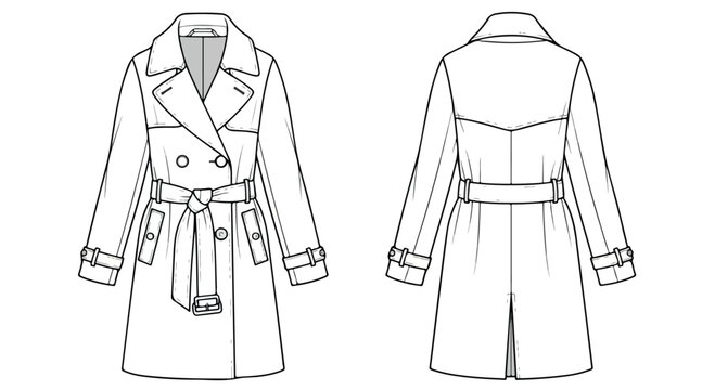 Technical drawing of a belted trench coat shown from the front and back with a detailed outline on a white background.