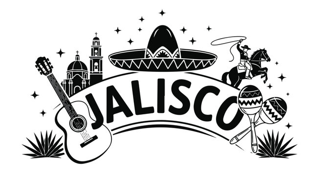 Black and white illustration of Jalisco logo with guitar, sombrero, maracas, and horse against a white background with a festive mood.