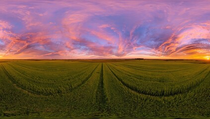 Fototapeta premium 360-degree equirectangular HDRI panorama of sunset clouds over agricultural land, suitable for VR and AR content.