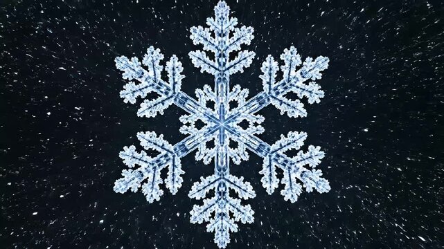 Macro symmetrical composition of a six-sided dendritic snowflake crystal forming against a dark background with soft backlit illumination