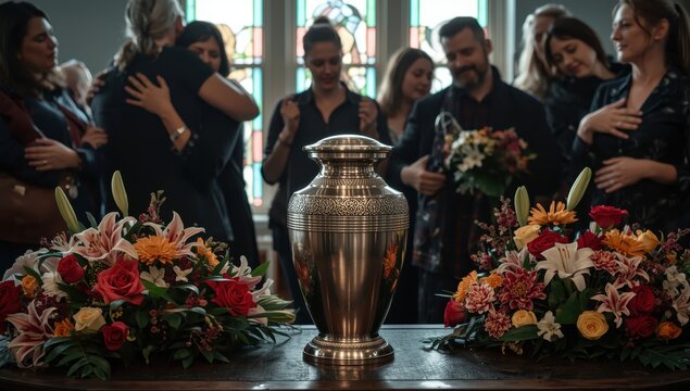 A metal urn containing someone's ashes during a funeral, with mourners present at the memorial. A sorrowful moment marking the end of life. Final goodbye to an individual in the urn.