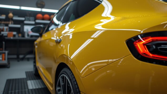 A vivid yellow hatchback coupe at the detailing shop post-polish and ceramic treatment. Close-up of the rear fender of a yellow sports car. A yellow vehicle displayed in the showroom.