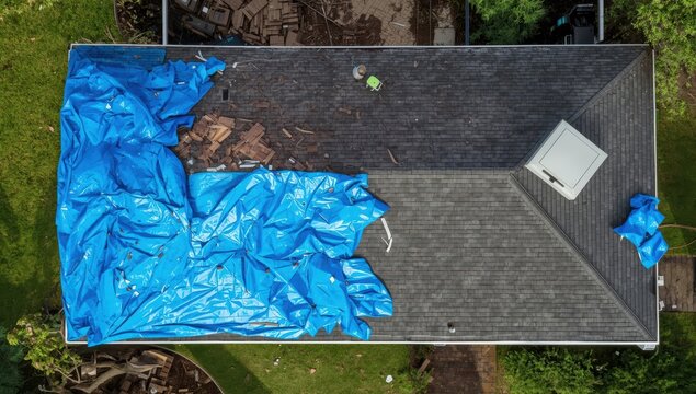 Aerial view of damaged roofs with tarps to prevent rain leaks until asphalt shingles are replaced, following Hurricane Ian in Florida.