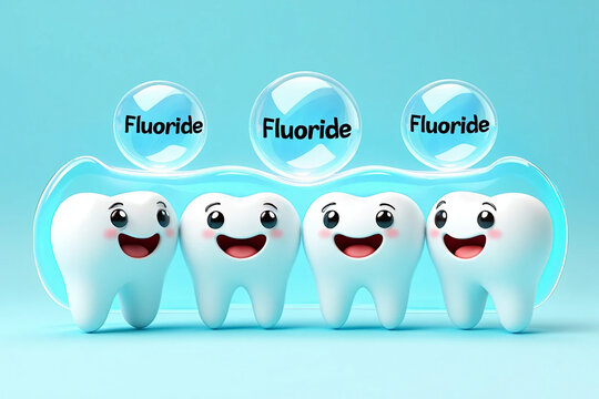 Four happy cartoon teeth with fluoride bubbles above tooth dental