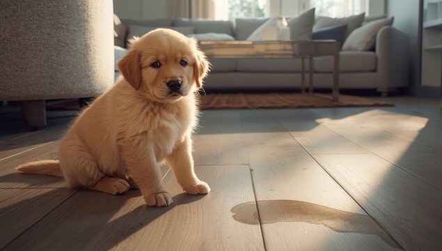 A reprimanded golden retriever puppy sits by a urine mark on contemporary waterproof vinyl flooring in the living room.