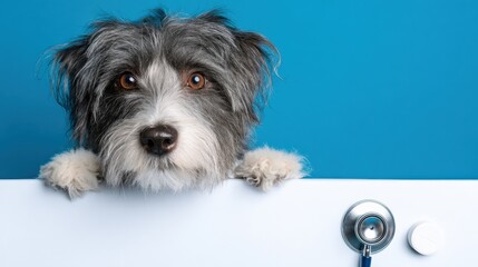 Curious dog with stethoscope and pill on blue background
