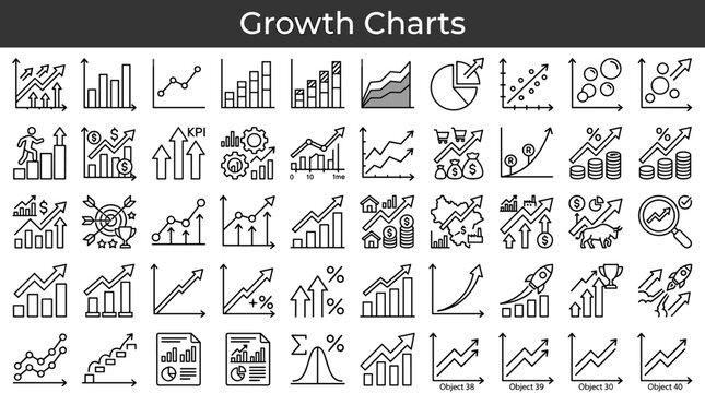 Collection of diverse business growth charts and financial analysis icons