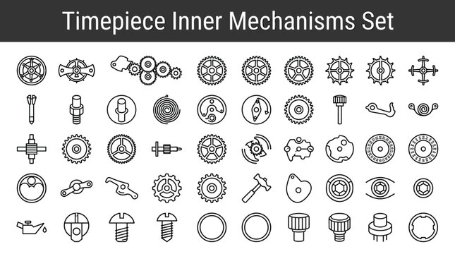 Collection of detailed line art icons representing various timepiece inner mechanisms and components