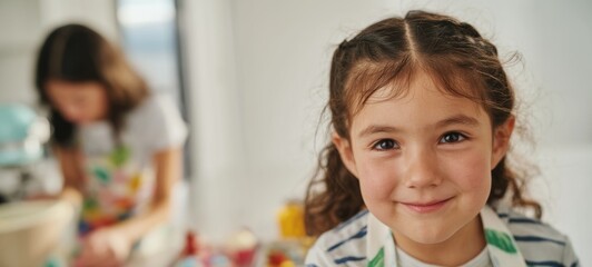 Obraz premium Young Girl Smiling in Kitchen, With Woman Preparing Food Behind Her