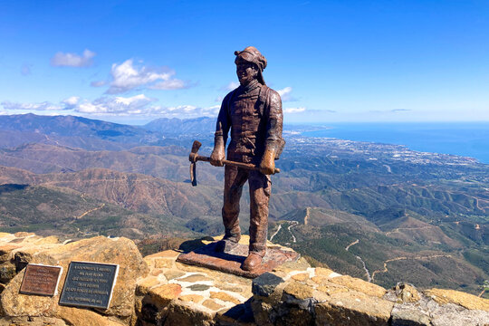 Memorial statue honoring forest firefighter Carlos Martinez Haro who lost his life in a wildfire in Sierra Bermeja in Estepona, Spain.