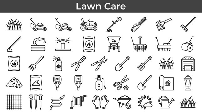 Collection of line art icons representing various lawn care tools and activities