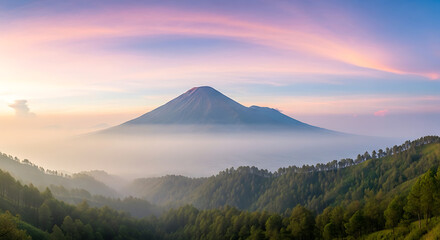 Fototapeta premium Majestic volcanic mountain range enveloped in ethereal mist during a breathtaking sunset, showcasing nature's grandeur