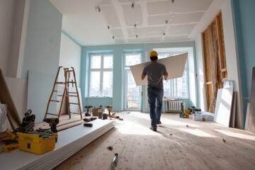 Fototapeta premium Renovation in progress - Man carrying drywall in a room.