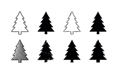 Obraz premium Collection of eight different stylized Christmas tree icons and graphics on a white background