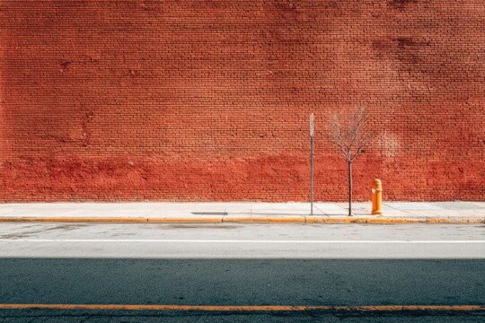 Urban landscape featuring a red brick wall, sidewalk, and fire hydrant.