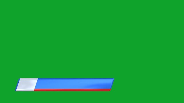 3D animation of glossy blue white and red parallelogram name plate moving horizontally on green screen. 3d rendering