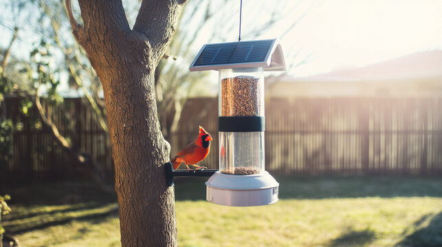 Bright red cardinal bird sitting on a feeder in a backyard garden with warm sunlight. Wildlife and nature concept.