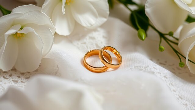 Two classic gold rings lie on delicate fabric, surrounded by white flowers. The scene symbolizes love, fidelity and the beauty of the moment.