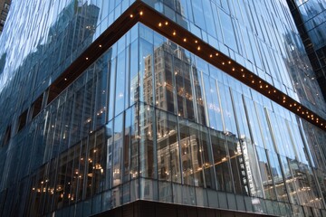 Fototapeta premium Architectural Reflection - A Modern Building Reflecting a Classic Structure.