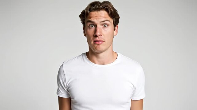 Confused man shrugging with hands out. A caucasian guy showing uncertainty, doubt or lack of knowing. Human expression of questioning, bewilderment and ignorance.