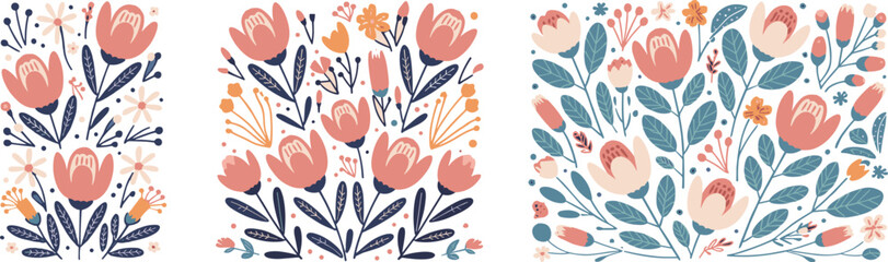 Decorative floral patterns in coral and teal illustration